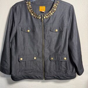 Ruby Rd. Embellished Zip Front Jacket Charcoal Denim Look Size 16